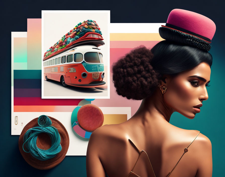 Woman with striking profile on vintage bus poster with fashion accessories against vibrant geometric background