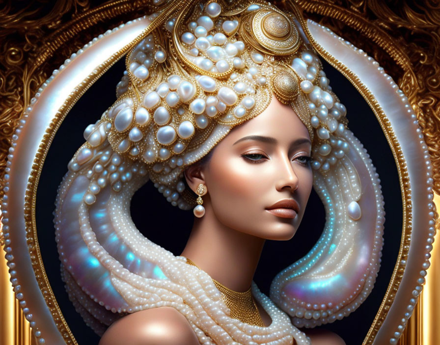 Digital artwork featuring woman with pearl-encrusted headdress in ornate golden frame