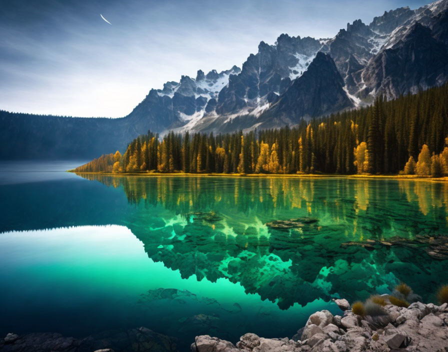 Clear Turquoise Alpine Lake Reflecting Forest and Peaks