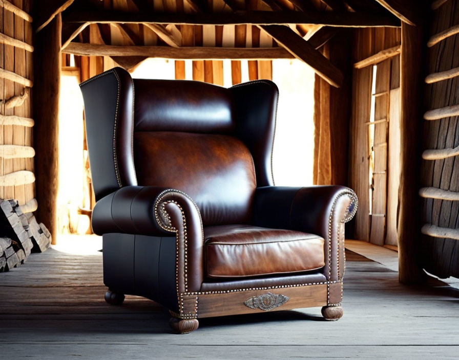 Leather Wingback Armchair with Nailhead Trim in Rustic Cabin Setting