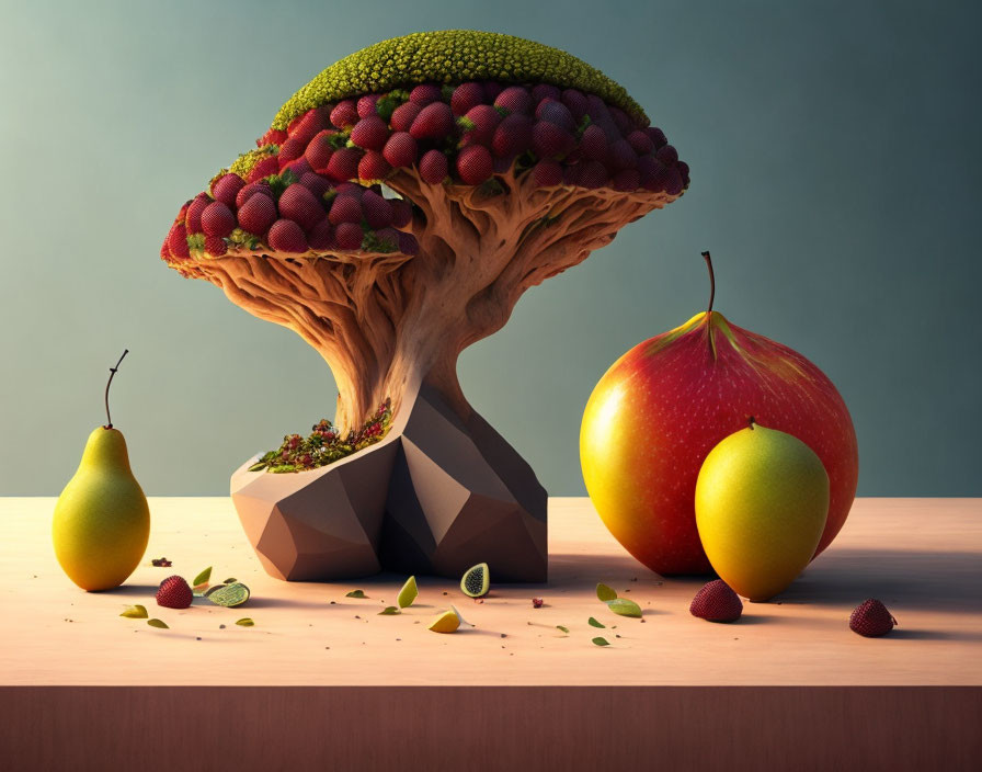 Surreal image of tree with broccoli-like canopy and oversized fruit