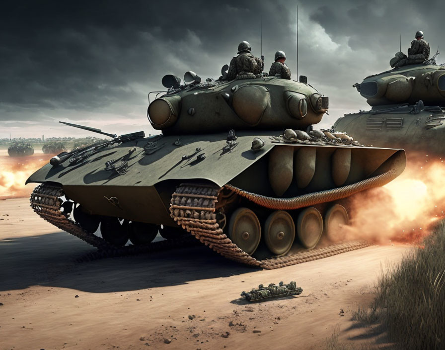 Military tanks with soldiers on dusty terrain under dramatic sky