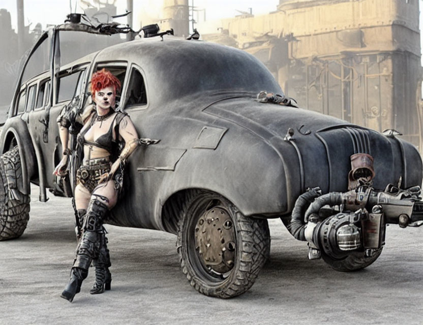 Red-haired person in post-apocalyptic attire next to modified vintage car in industrial setting