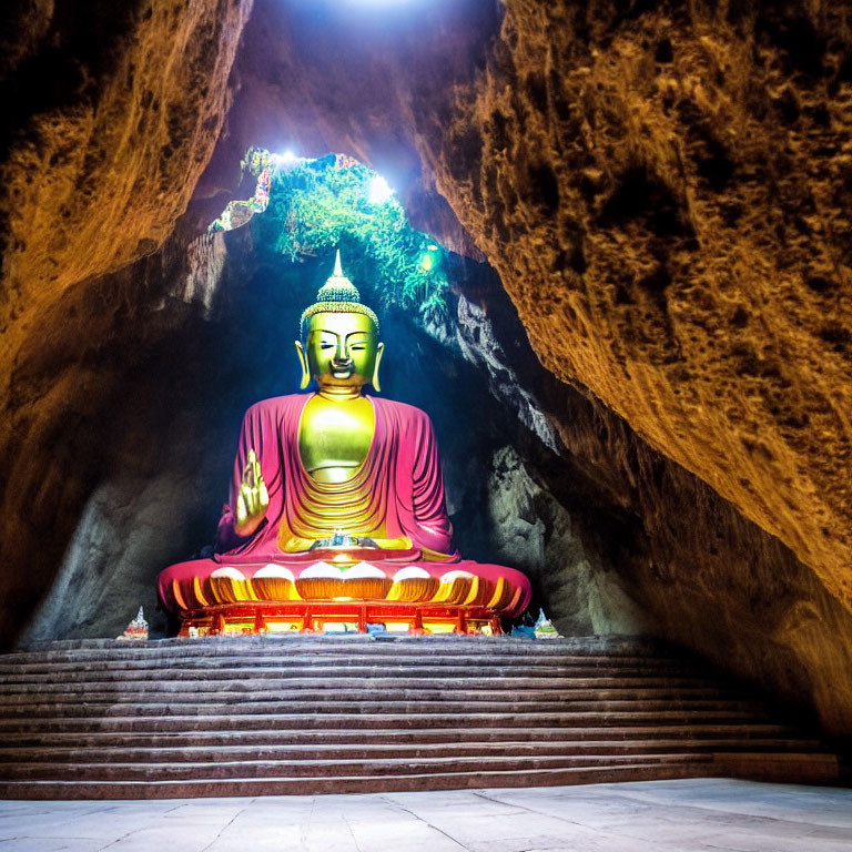 Buddha statue meditating in dimly lit cave