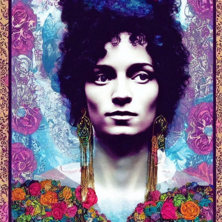 Woman with Afro and Ornate Earrings on Colorful Floral Pattern Background