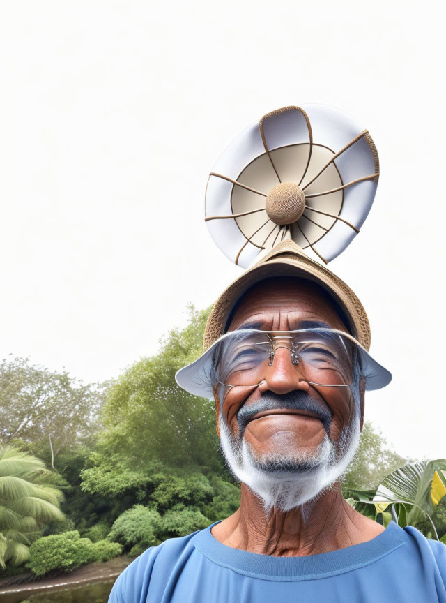 Elderly man in glasses and straw hat with decorative fan, smiling in natural setting