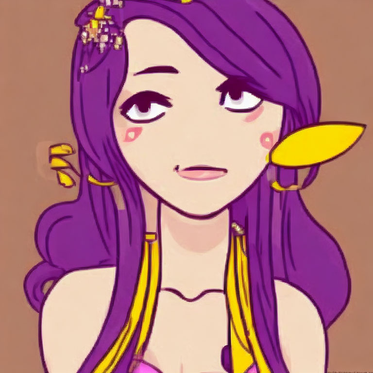 Purple-haired person with yellow accessories in gentle expression