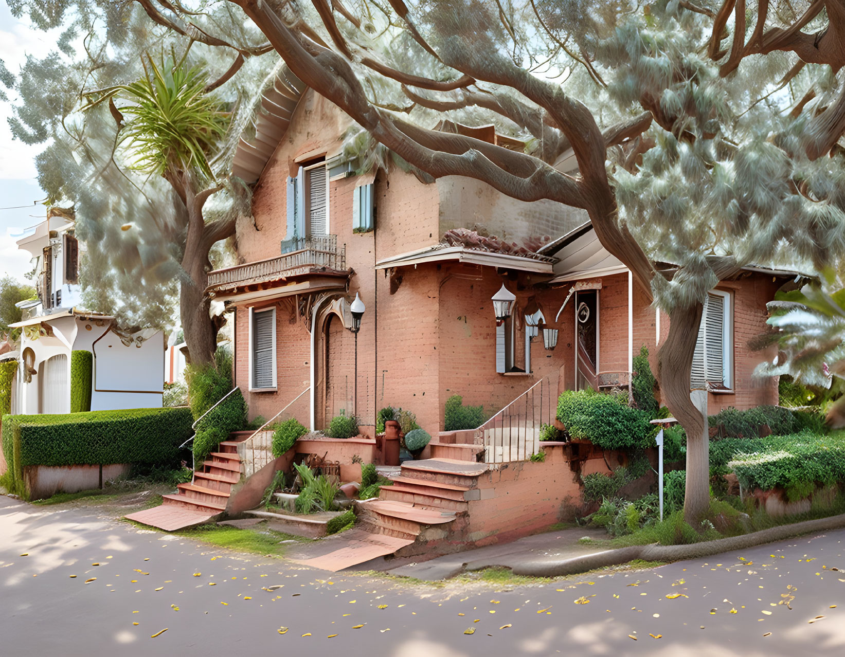 Brick house with greenery, porch stairs, and shaded front yard