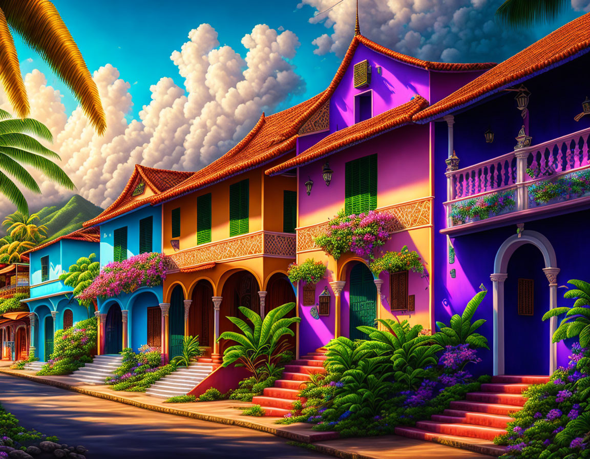 Colonial-style houses on cobblestone street with purple flowers and tropical plants at dusk