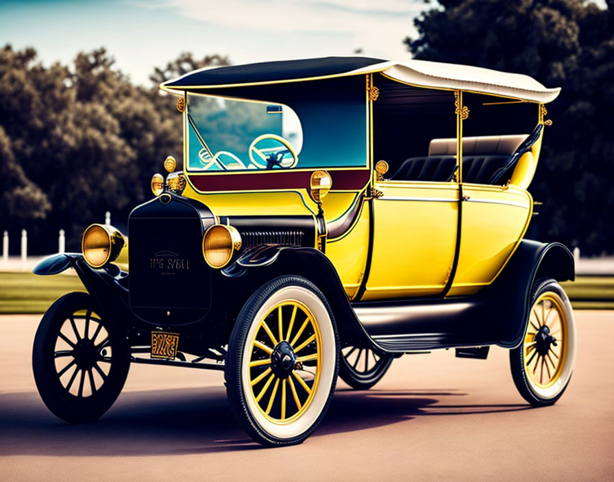 Vintage yellow car with black accents and white canopy parked outdoors