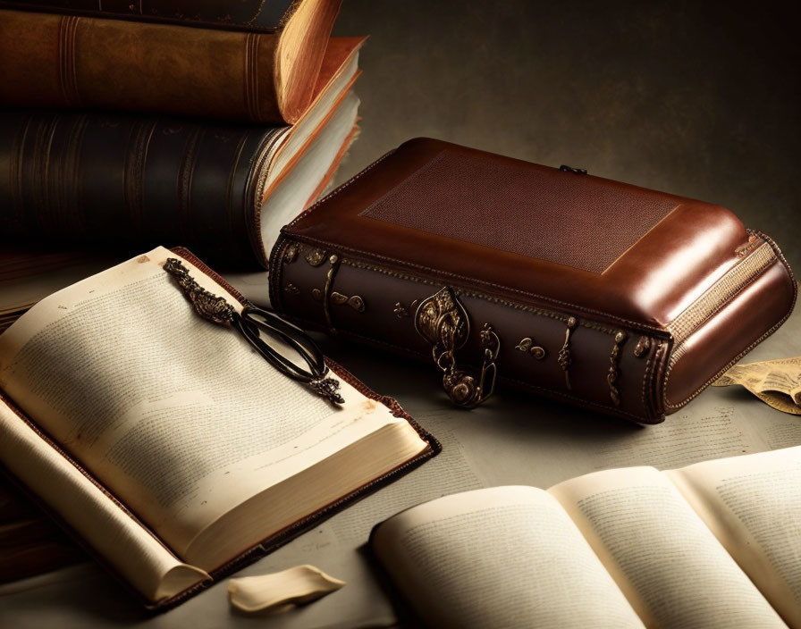 Vintage Scholarly Atmosphere: Open Book, Glasses, Closed Book, Leather-bound Case