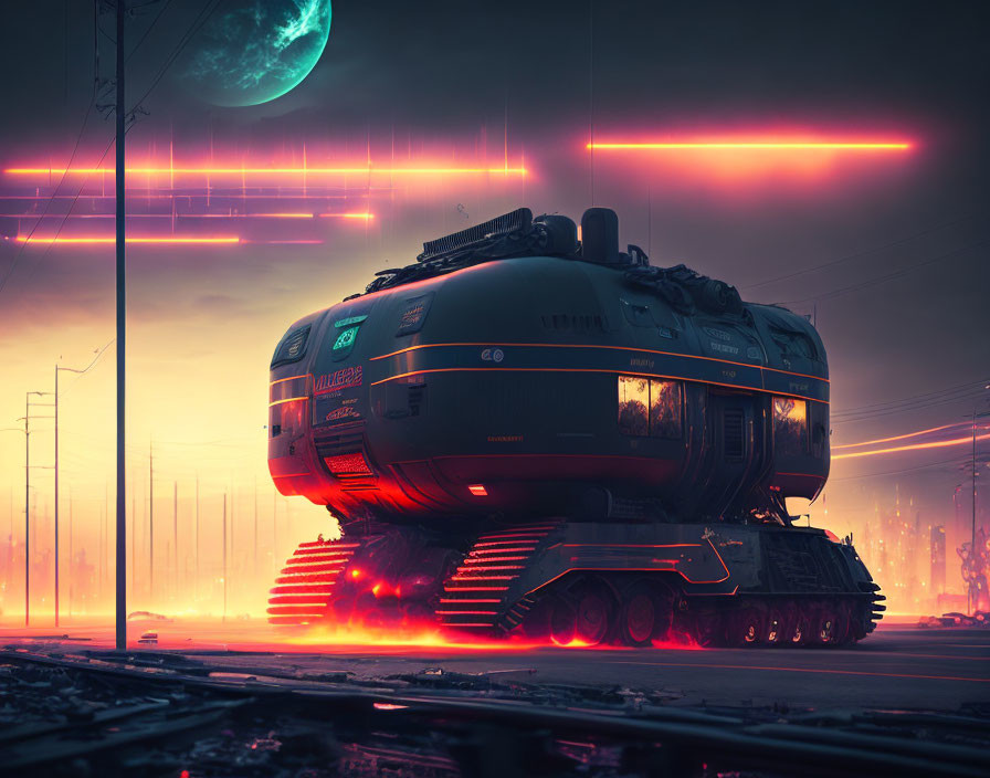 Armored train with tank treads and red neon lights in futuristic cityscape at dusk