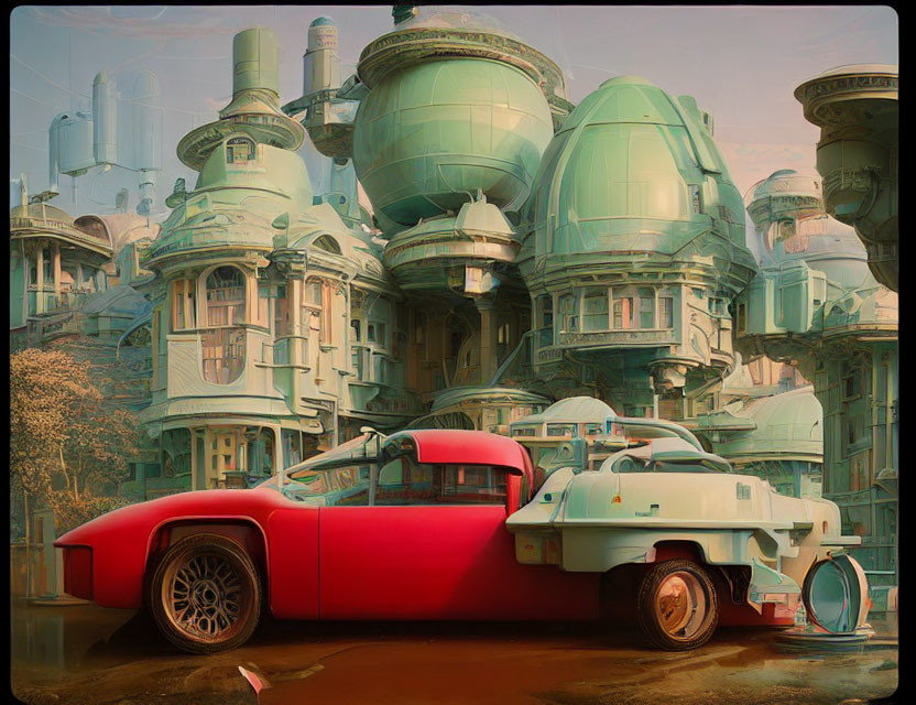 Vintage cars and domed structures in pastel retro-futuristic cityscape