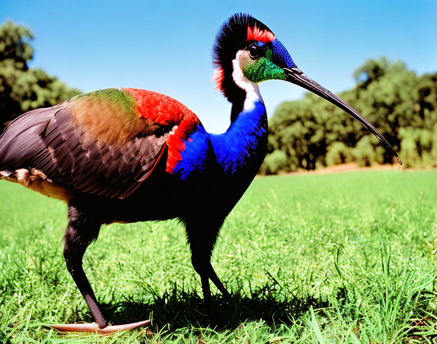 Colorful Grey Crowned Crane with red, white, and blue patch on wing in vibrant green grass