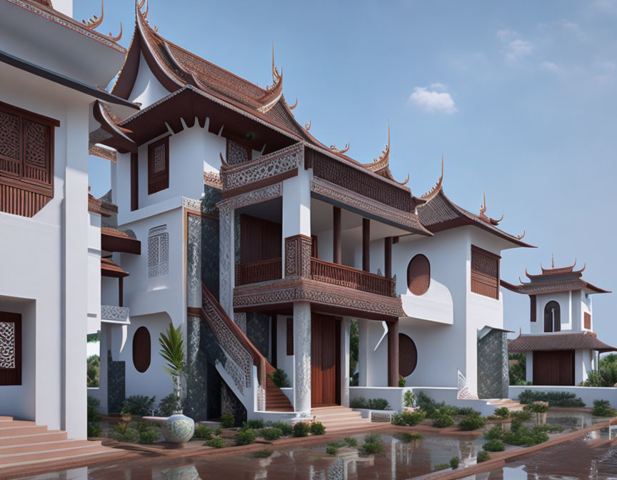 Asian-style architectural building with multi-tiered roofs and ornate facade details