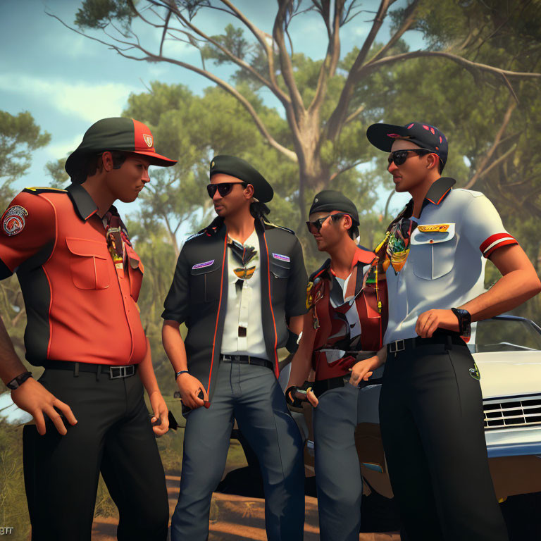 Four animated characters in different uniforms with hats in forest scene with classic car