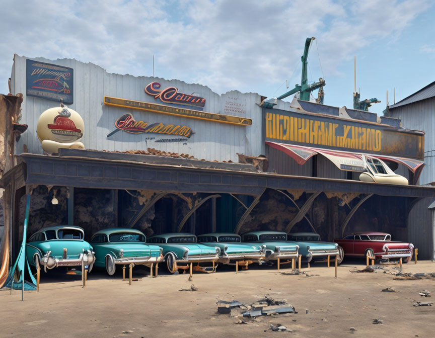 Classic cars and retro garages with nostalgic signage and vintage diner and gas station under clear sky