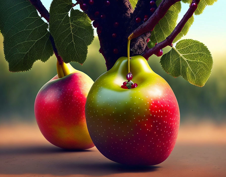 Vibrant apples on branch with berries and leaves in blurred background