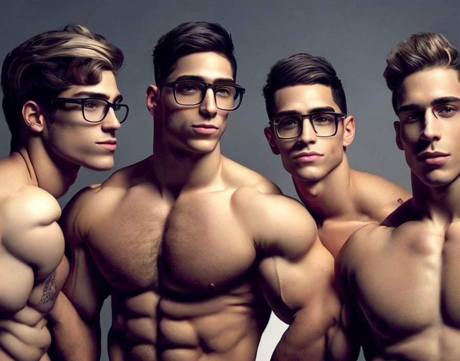 Quadruplet men with glasses in gray background