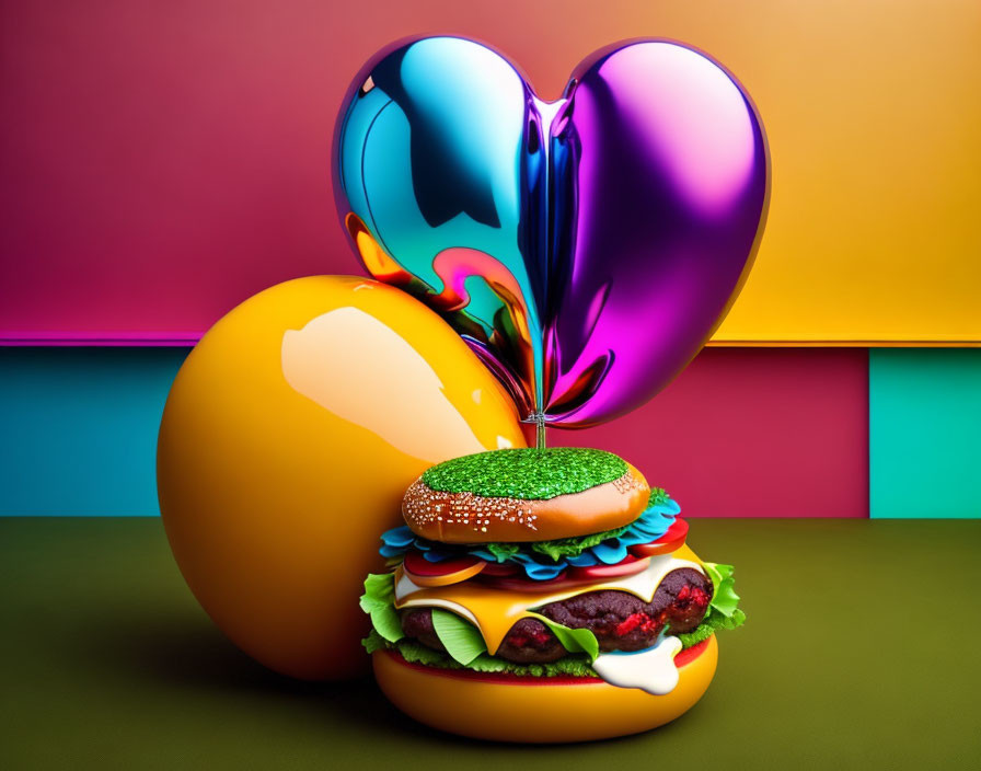 Vibrant digital artwork: heart-shaped balloon & layered hamburger on colorful backdrop