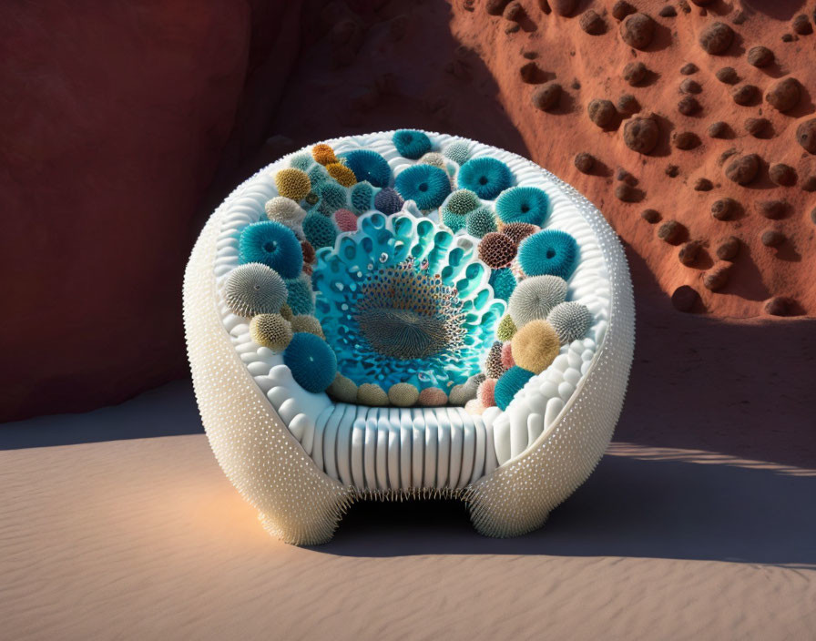 White armchair with colorful cushion-like spheres in spiraling formation against desert backdrop