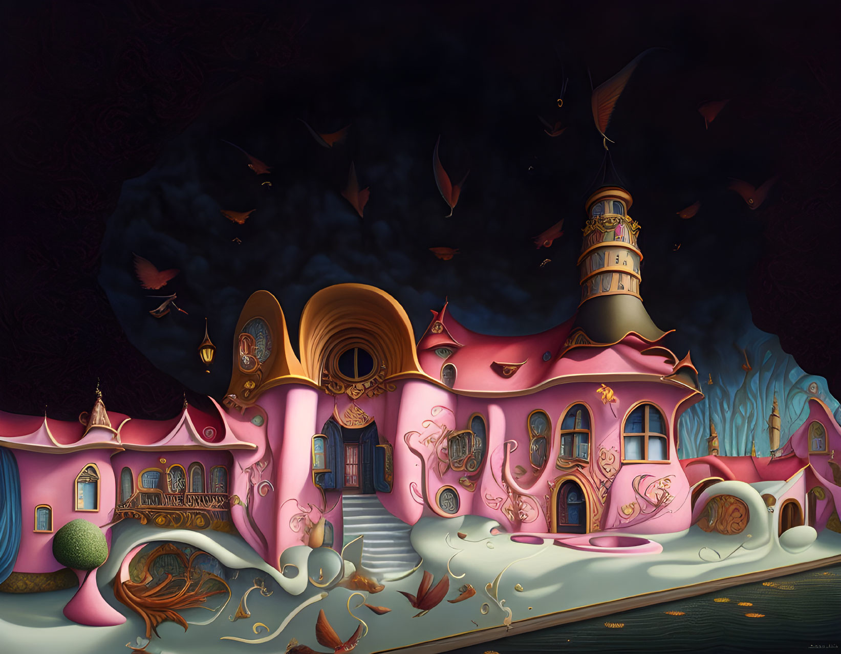 Pink fantasy building with lighthouse and flying books in dark sky