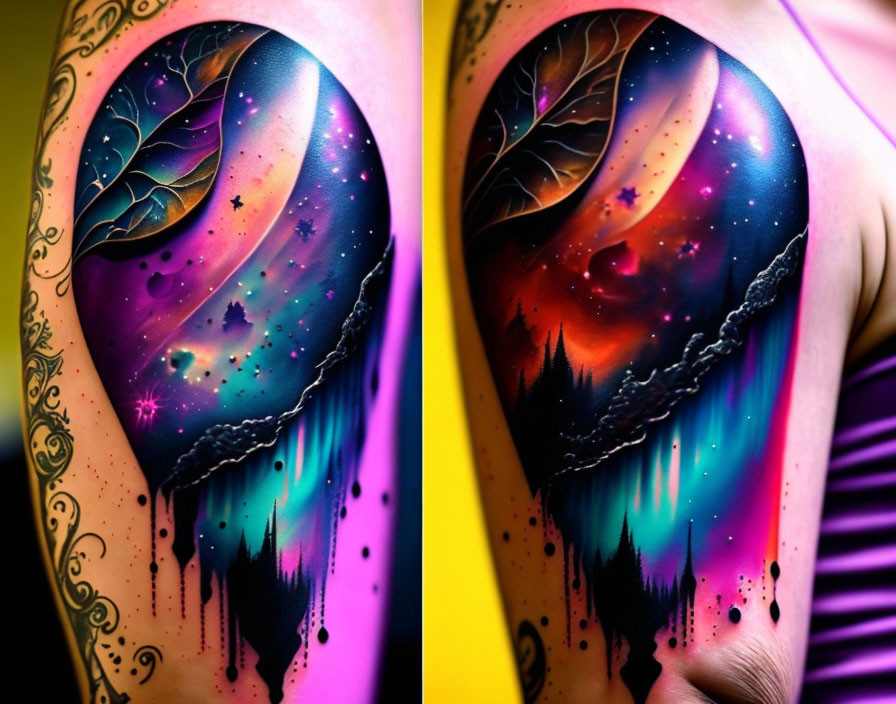 Vibrant cosmic tattoo with stars, galaxies, and tree silhouette