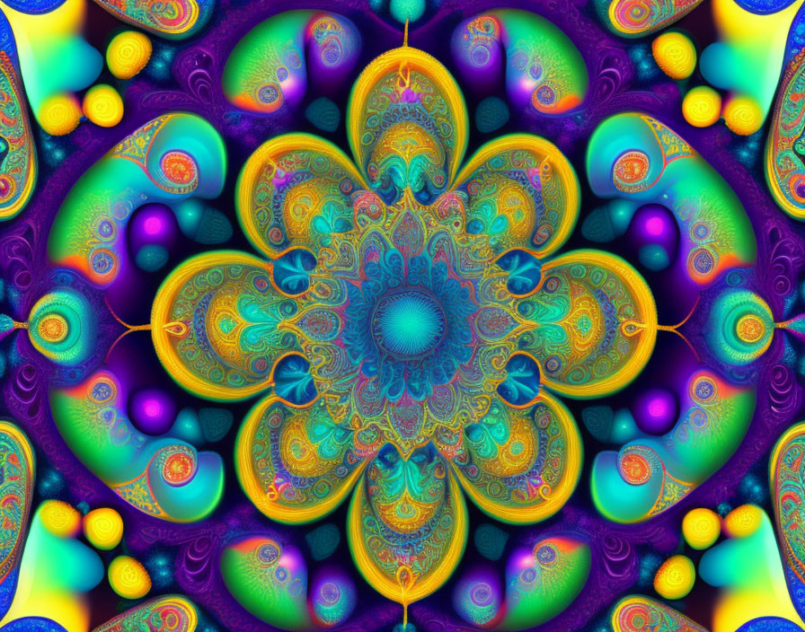 Symmetrical floral fractal design in purple, blue, green, and gold.