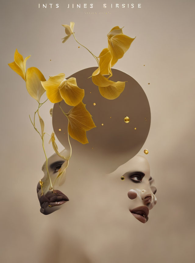 Fragmented Faces Among Yellow Flowers and Gold Droplets on Beige Background