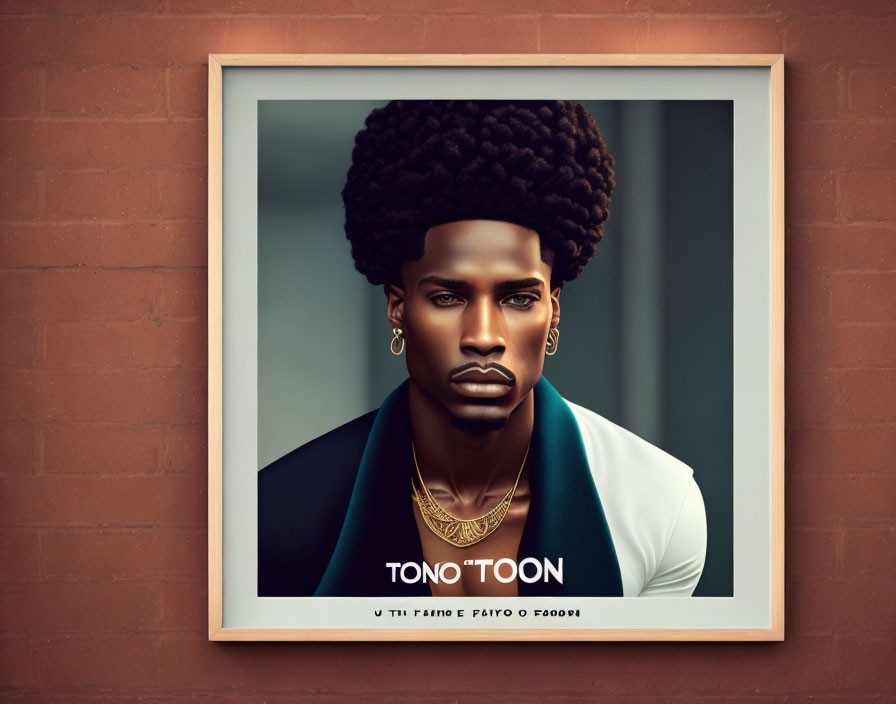 Stylized male character with afro against brick wall in digital illustration.