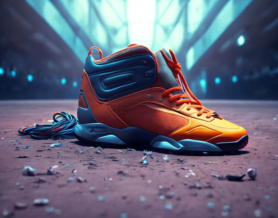 Orange Basketball Shoe with Blue and Black Accents on Reflective Surface