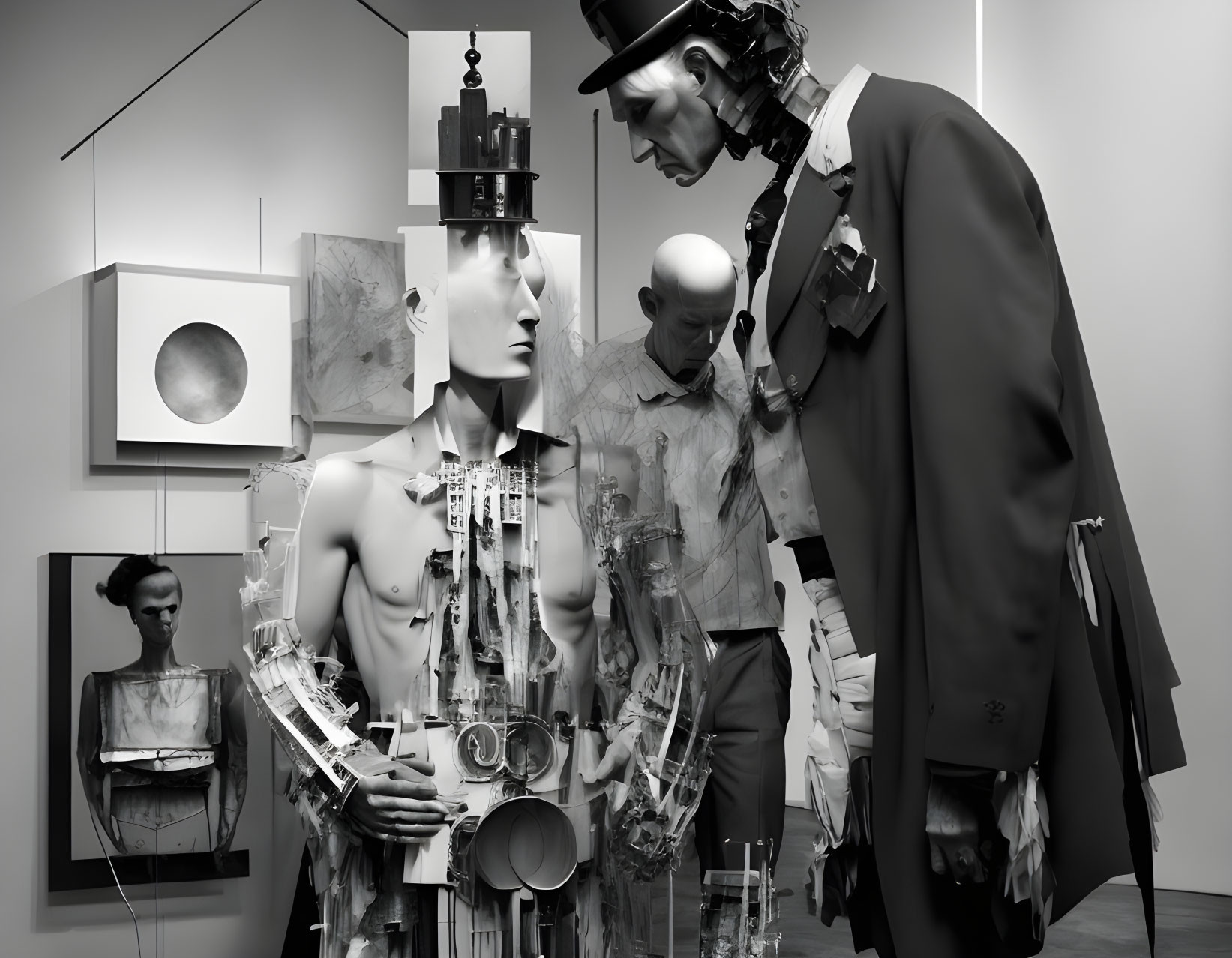 Monochrome artistic photo of mannequin-like figures with mechanical and abstract elements against geometric backdrop