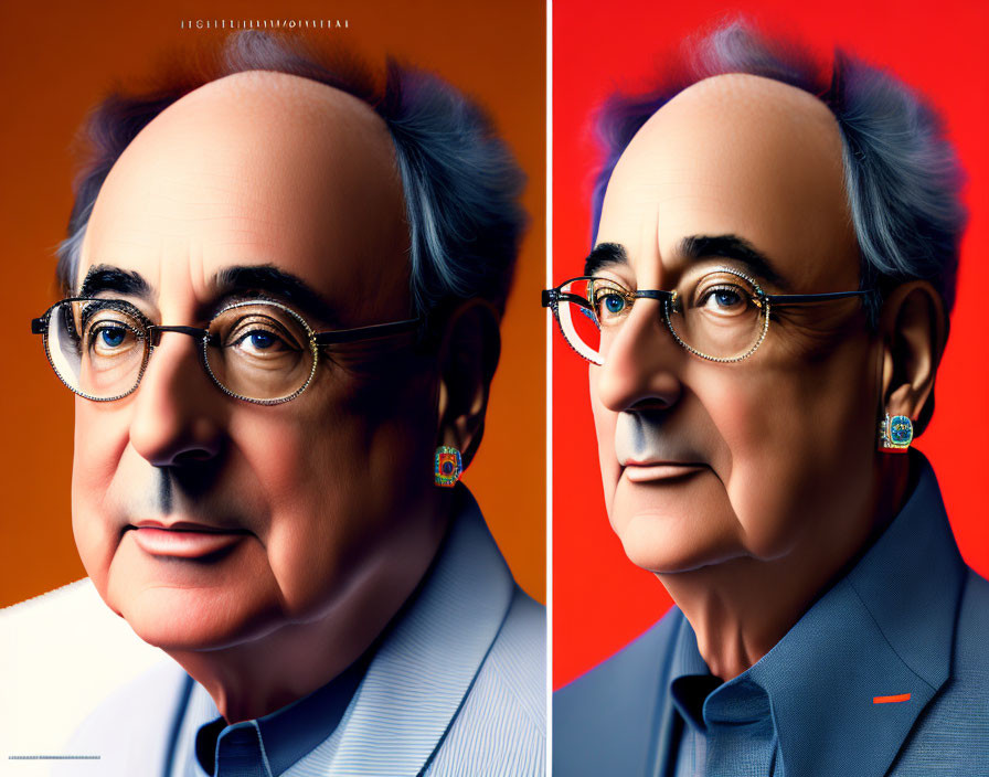 Stylized portraits of a man with round glasses and silver hair