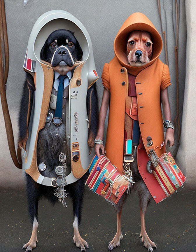 Two upright dogs in travel attire: one in a spacesuit, the other in a stylish coat and