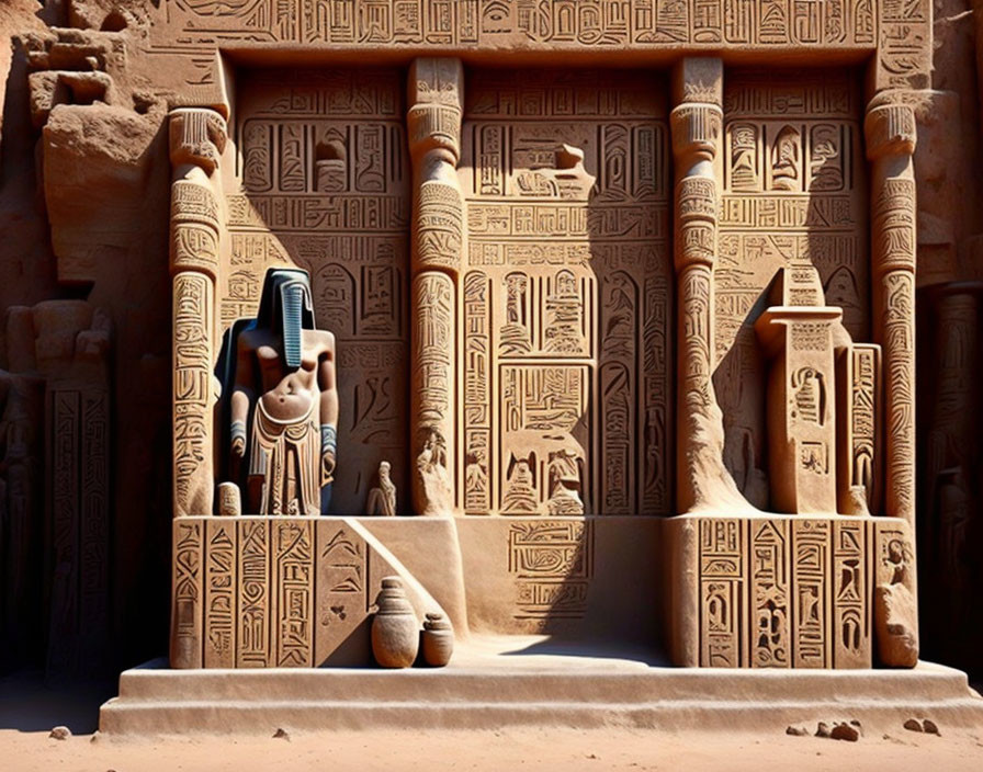 Ancient Egyptian temple facade: hieroglyphics, colossal statues, clear sky