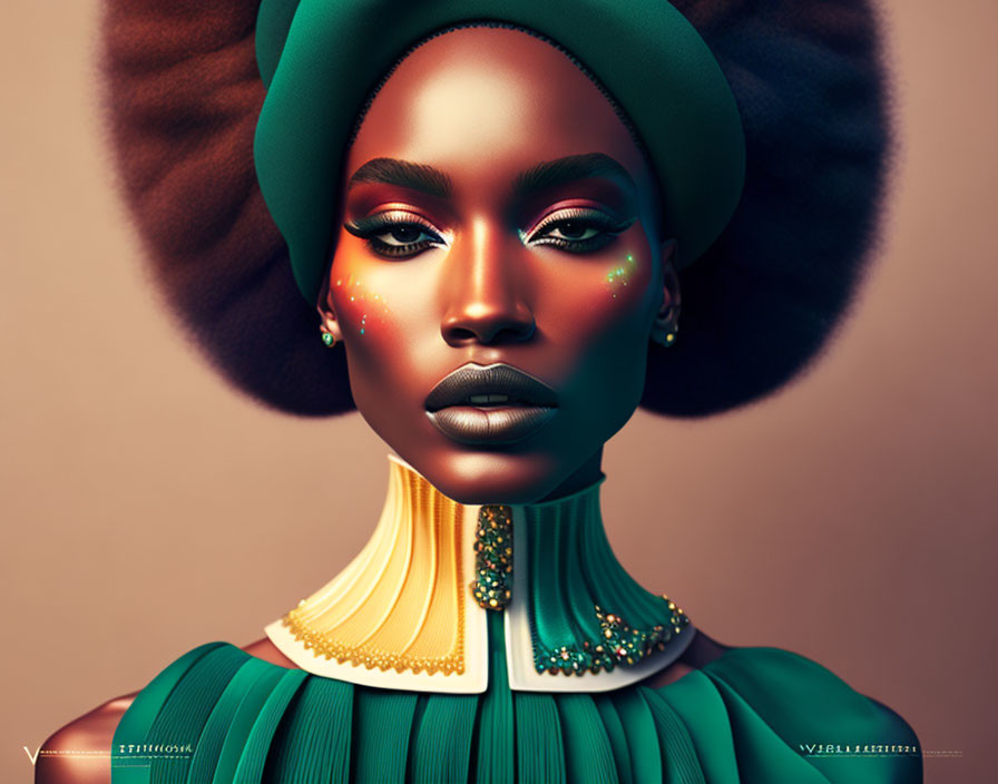 Vibrant digital artwork of woman with green and yellow makeup