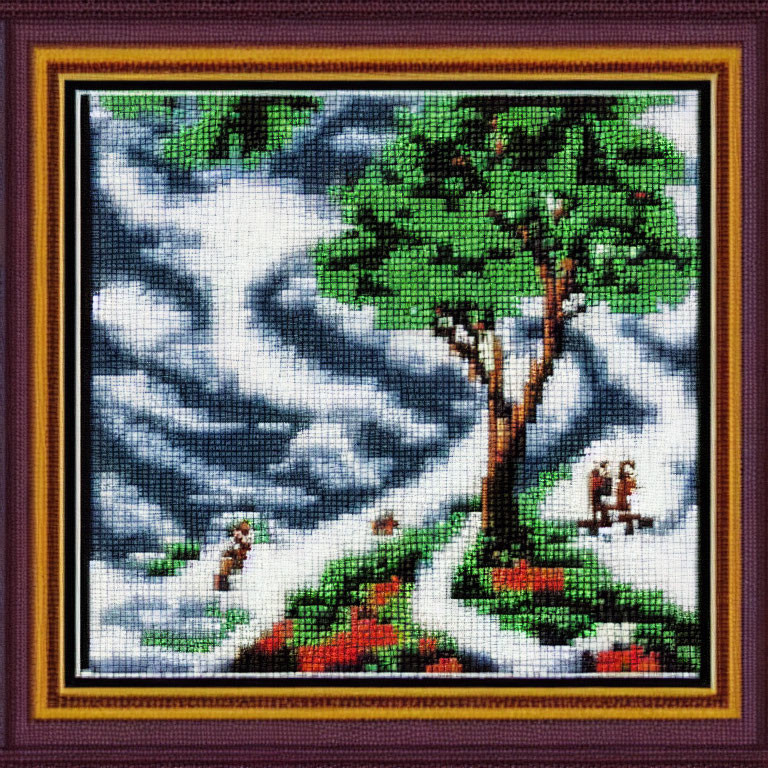 Cross-stitch artwork of a solitary tree on a hillside with green foliage, grass, flowers,