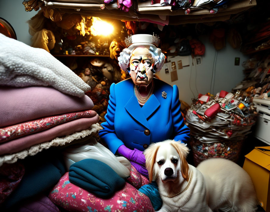 Masked Person Surrounded by Colorful Clutter and Dog