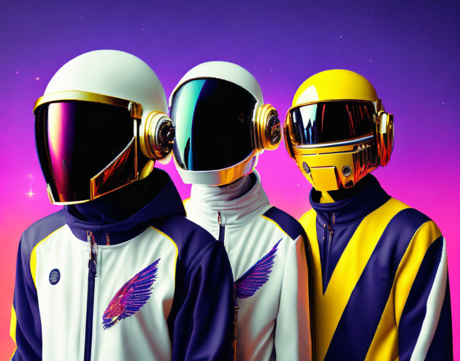 Three Figures in White, Black, and Yellow Robotic Helmets on Purple Background