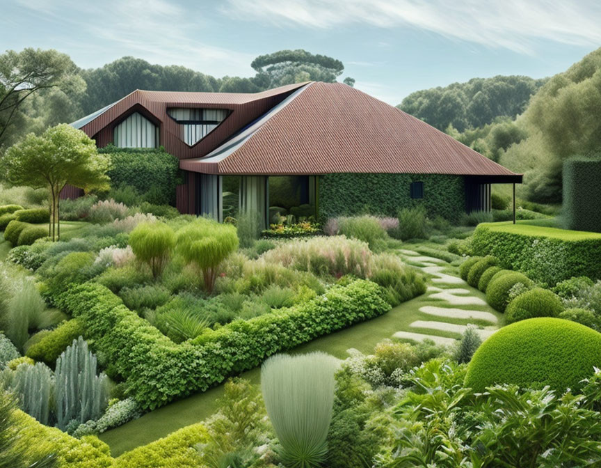 Modern house with red roof nestled in lush gardens and dense treeline