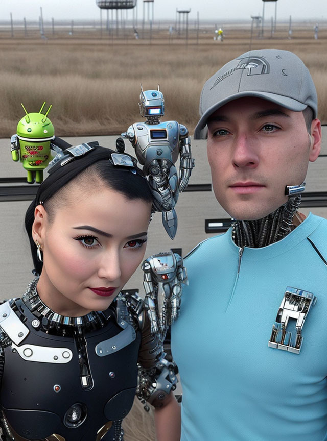 Futuristic woman and man with robotic features in open field with animated robots