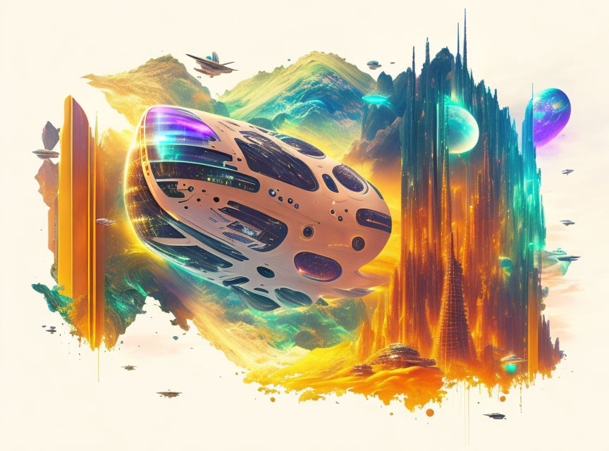 Colorful Abstract Art: Futuristic Spaceship in Surreal Landscape