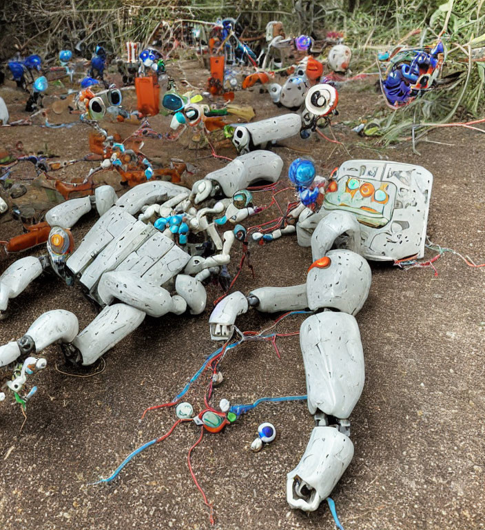 Dismantled Robot Parts and Colorful Wires in Greenery