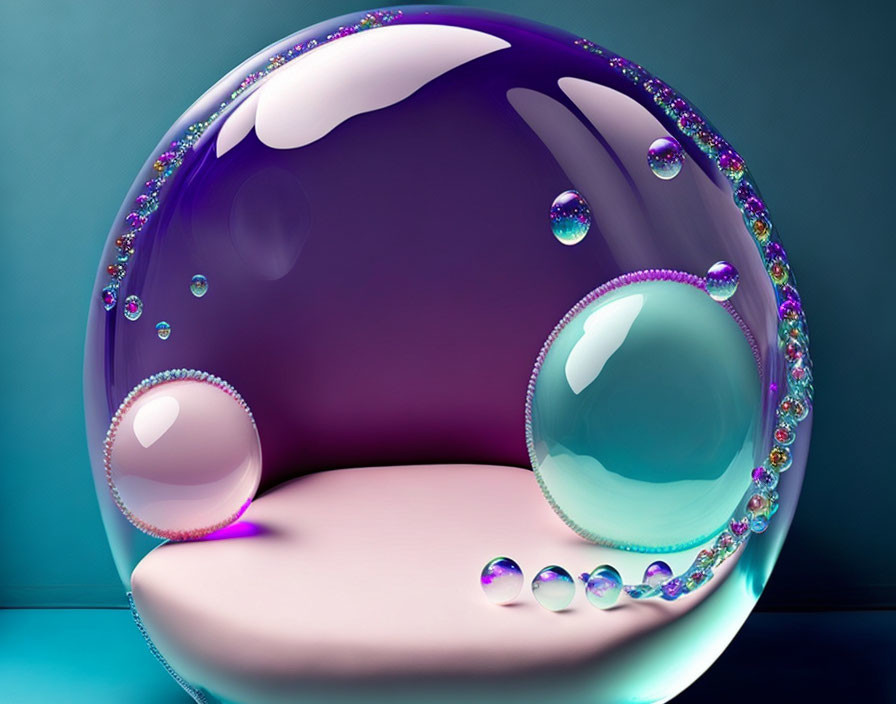 Colorful Reflective Bubbles on Large Glossy Purple Sphere