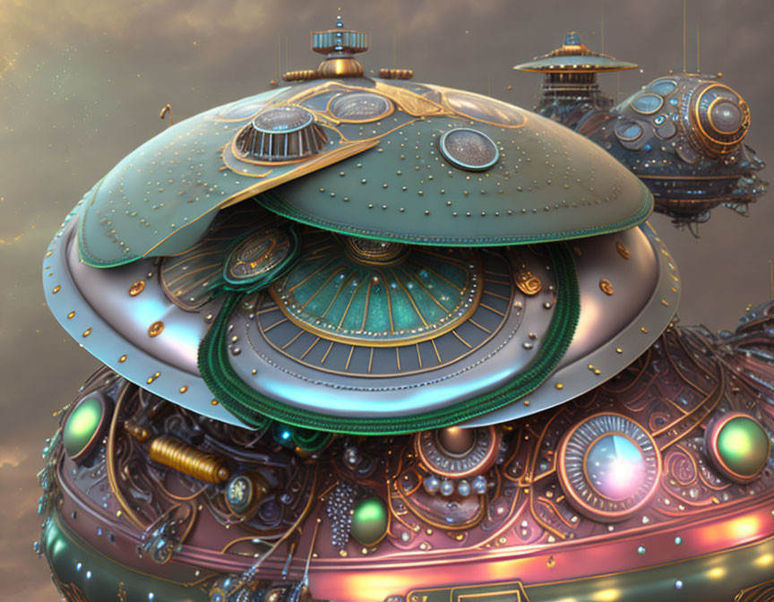 Futuristic floating cities with domed structures and golden details in cloudy sky