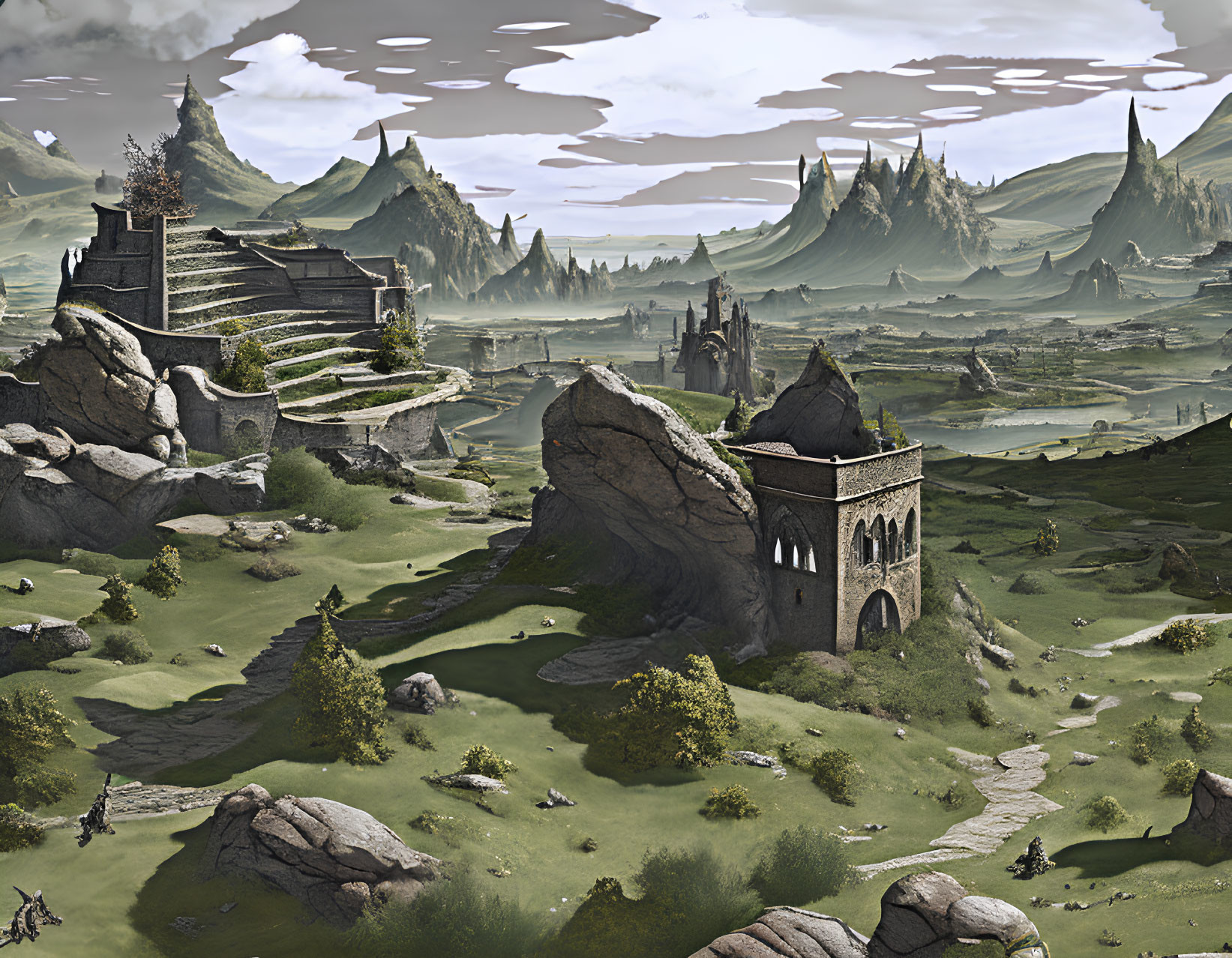 Fantasy landscape with ancient ruins, rolling hills, towering rock formations