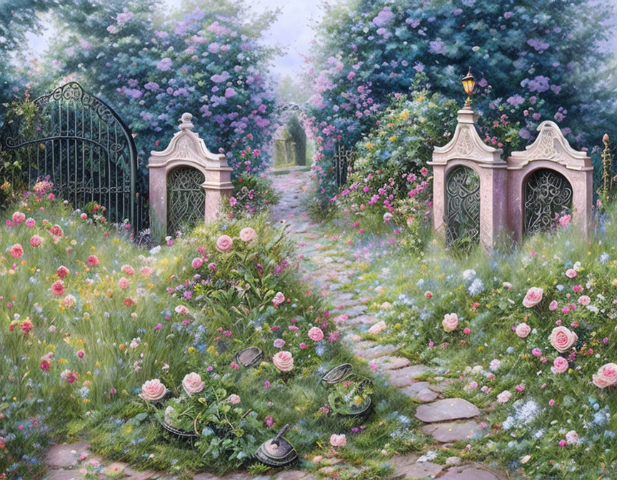 Tranquil garden scene with iron gate, cobblestone path, blooming roses, greenery