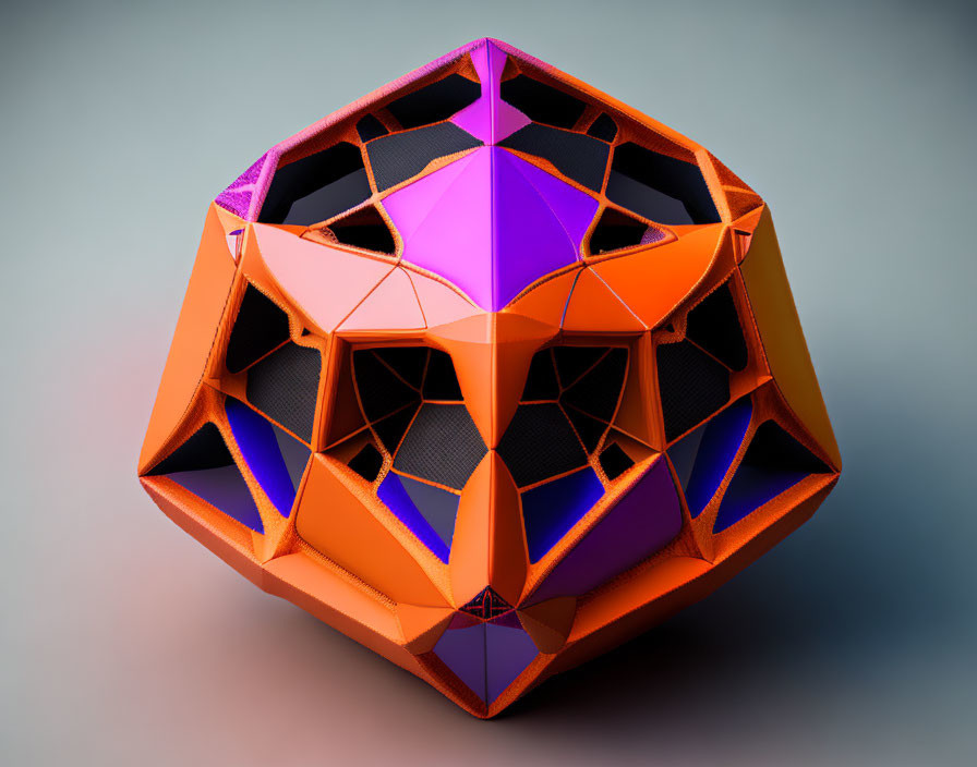 Vivid 3D-rendered geometric polyhedron puzzle in orange, purple, and black