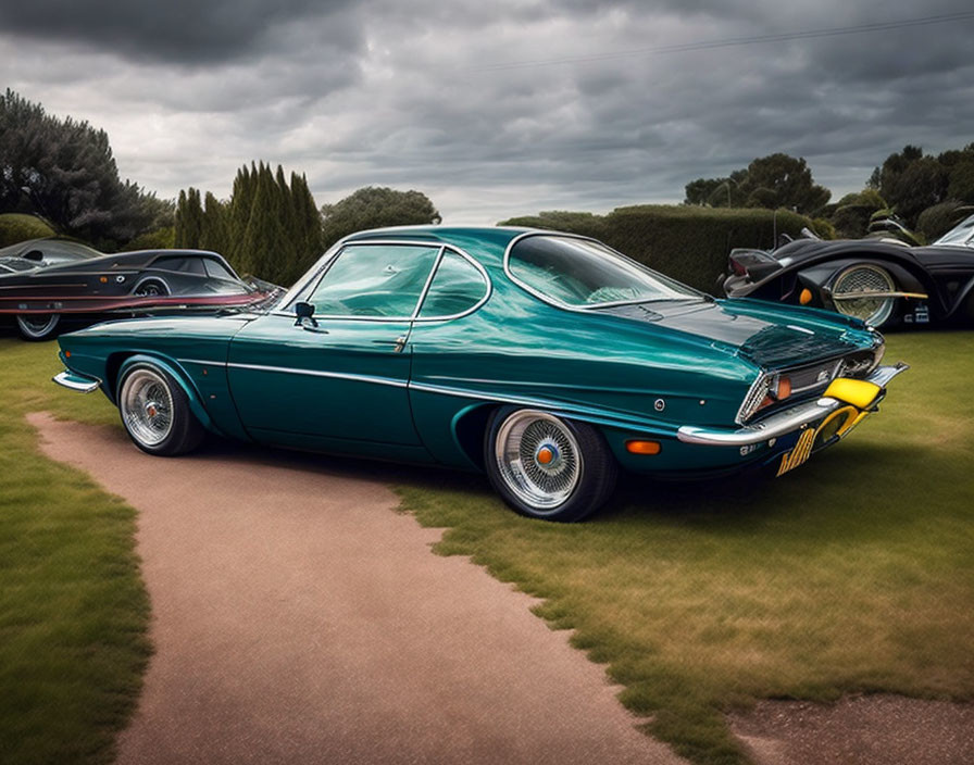 Classic Vintage Cars Displayed Outdoors with Teal Coupe and Chrome Accents