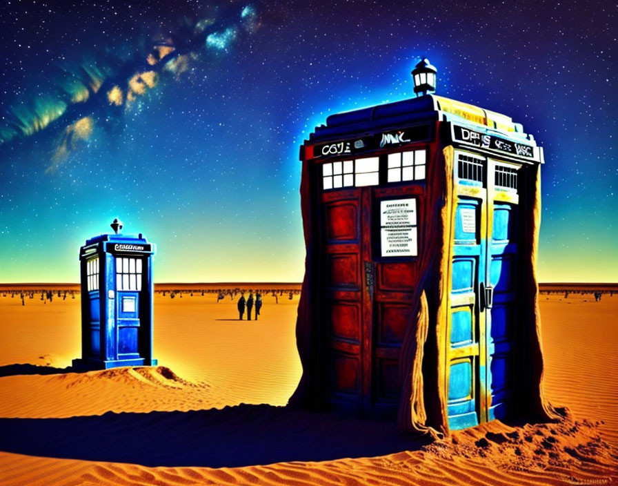 Iconic TARDIS police boxes in desert night scene